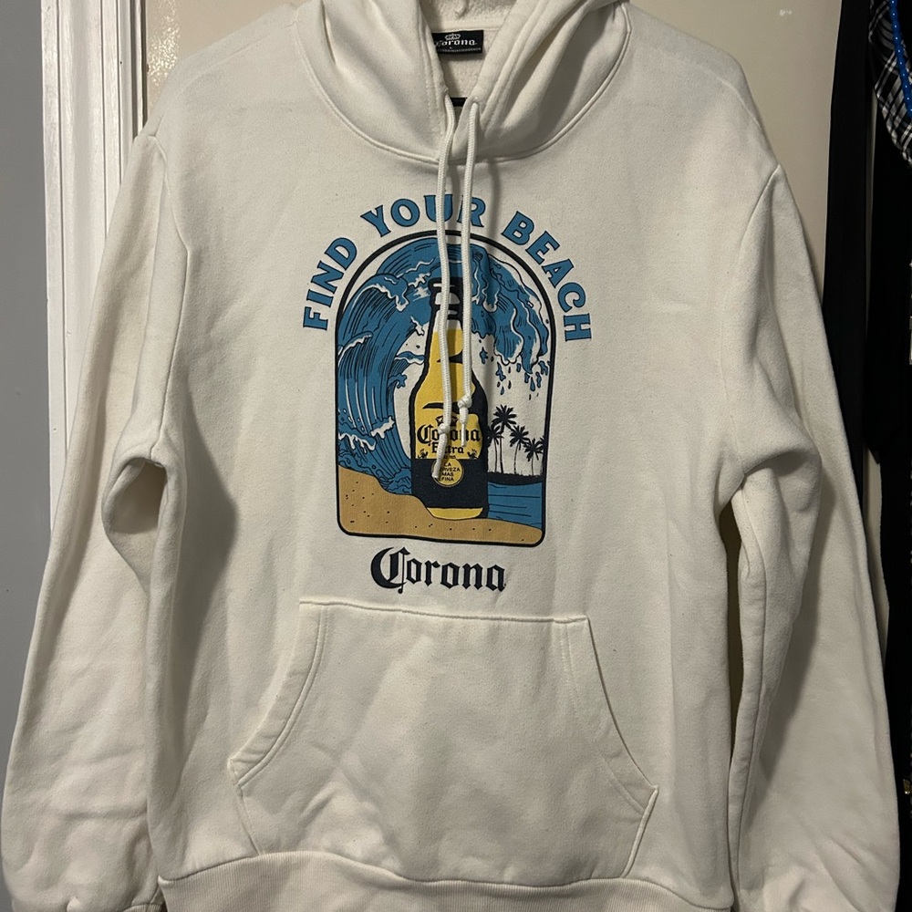 Corona White Hoodie with Blue and Yellow Graphic